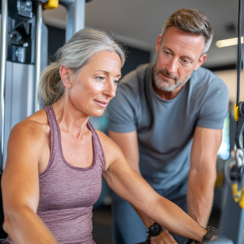 Mature adult training with professional fitness equipment and guidance