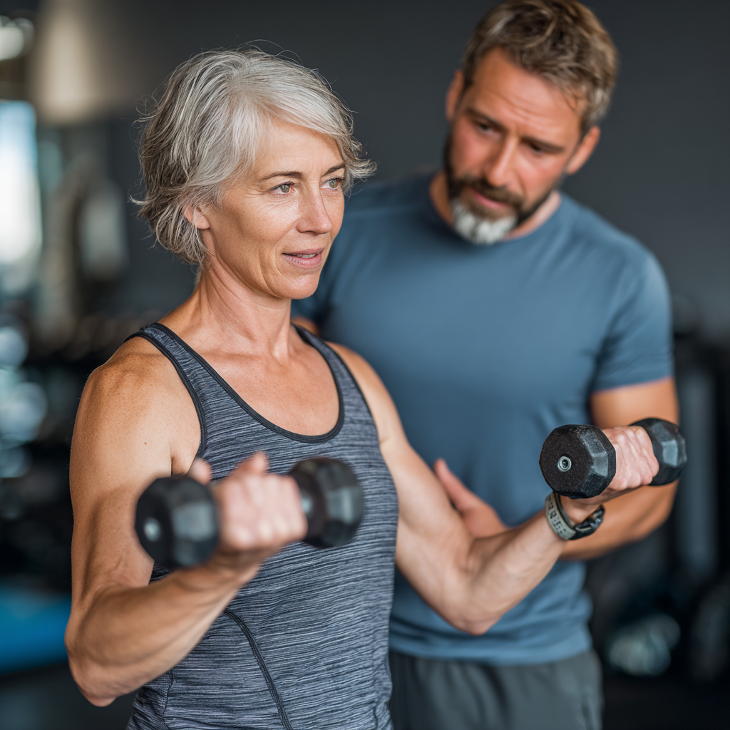 Middle-aged person doing strength training with professional guidance