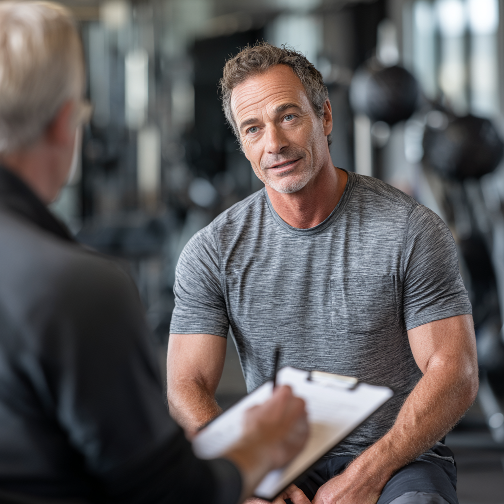 Middle-aged person during fitness assessment and consultation session
